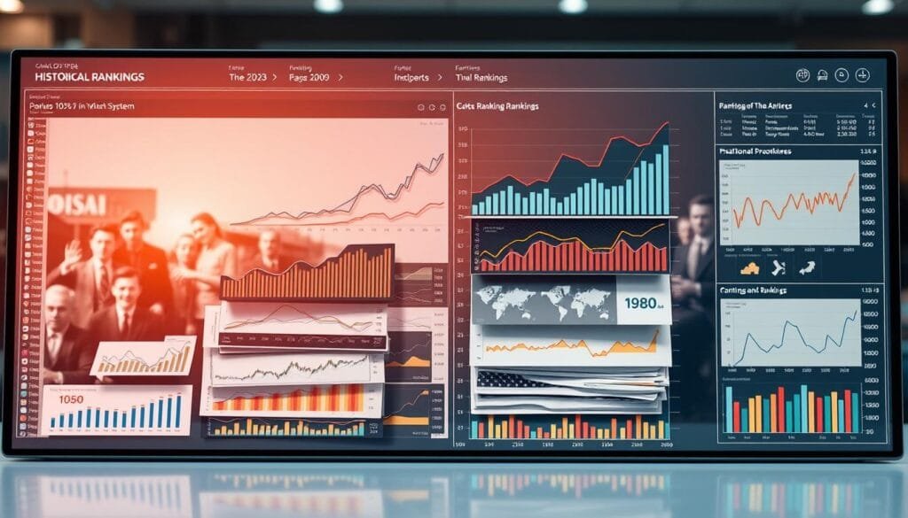 A detailed comparison of historical rankings displayed on a sleek, modern interface. The foreground shows various charts, graphs, and data visualizations stacked in a dynamic, overlapping arrangement, conveying the nuances and complexities of ranking systems over time. The middle ground features muted, neutral-toned backgrounds that allow the data to take center stage, while the background subtly suggests the passage of time through soft, blurred historical imagery. Warm, balanced lighting casts a professional, authoritative ambiance, guiding the viewer's focus to the analytical insights revealed through this comprehensive data comparison.