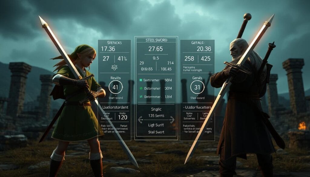 A detailed comparison of the legendary swordsmen Link and Geralt, showcasing their key combat attributes. In the foreground, their signature weapons - the Master Sword and steel sword - are positioned side-by-side, illuminated by a soft, warm lighting. In the middle ground, statistical data and technical specifications float in a holographic display, providing an in-depth analysis of their strengths, weaknesses, and specialized abilities. The background depicts an ancient battlefield, with ruined stone structures and a moody, atmospheric sky, setting the stage for this epic clash of icons.