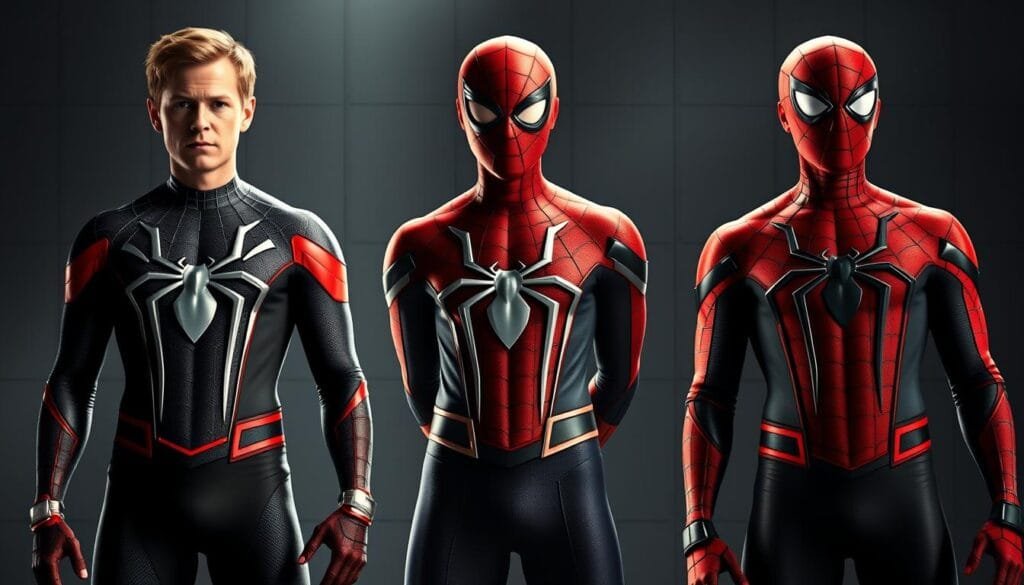 A detailed comparison of the three live-action Spider-Man iterations - Tobey Maguire, Andrew Garfield, and Tom Holland - in a striking, photorealistic style. The three Spider-Men stand side-by-side, their iconic costumes and poses captured with meticulous attention to detail. The lighting creates a dramatic, almost cinematic effect, casting dynamic shadows and highlights that accentuate the characters' physiques and heroic stances. The background is a sleek, minimalist environment that allows the Spider-Men to take center stage, their powers and abilities the focal point of the image. An analytical, yet visually captivating depiction of the "Spider-Man Multiverse" for a comprehensive comparative analysis.