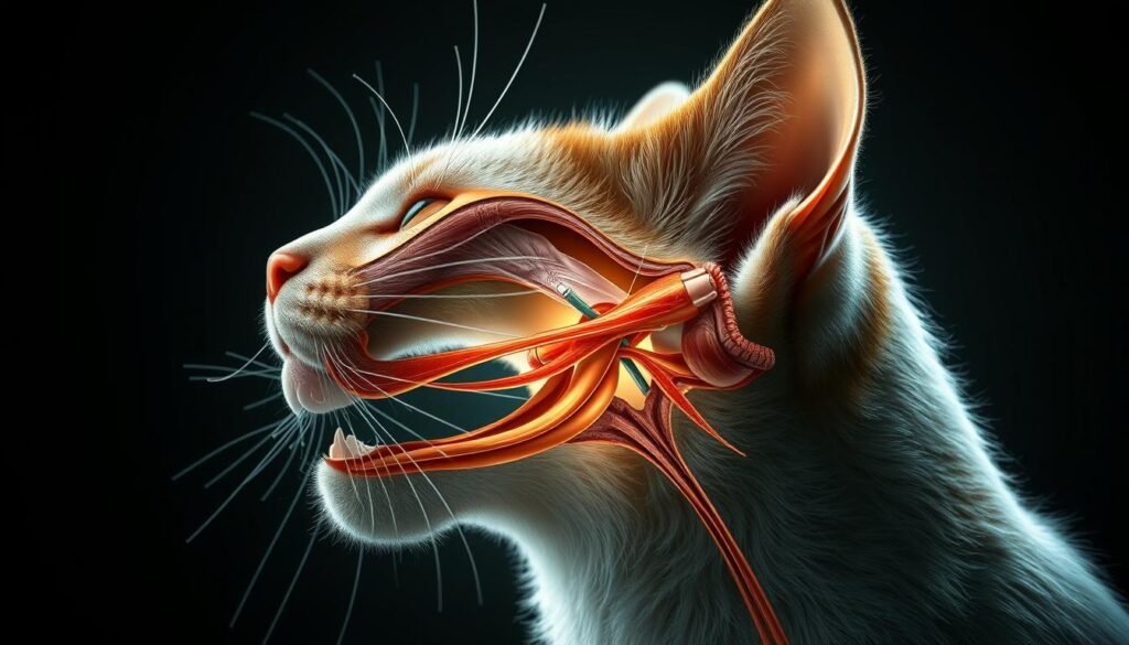 A detailed cross-section of a cat's head, revealing the intricate mechanisms responsible for its soothing purr. The image depicts the anatomy of the larynx, vocal cords, and associated musculature, illuminated by soft, diffused lighting that casts gentle shadows, creating a sense of depth and dimensionality. The rendering should be highly technical and scientific in nature, with a focus on accurately depicting the anatomical structures involved in a cat's purring behavior. The overall mood is one of clinical precision and fascination, inviting the viewer to better understand the subtle complexities of feline vocalizations.