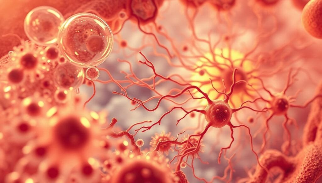 A detailed cross-section of human cells and tissues undergoing active regeneration. In the foreground, individual cells divide and proliferate, their internal structures visible in vivid detail. In the middle ground, networks of connective tissue and blood vessels weave together, facilitating the flow of nutrients and signals. The background depicts the complex extracellular matrix, a dynamic scaffold that guides and supports the regenerative process. Warm, diffuse lighting casts a soft glow, while a shallow depth of field focuses the viewer's attention on the intricate regenerative mechanisms at work. An illustrative, scientific aesthetic conveys the wonder and potential of human cellular regeneration.