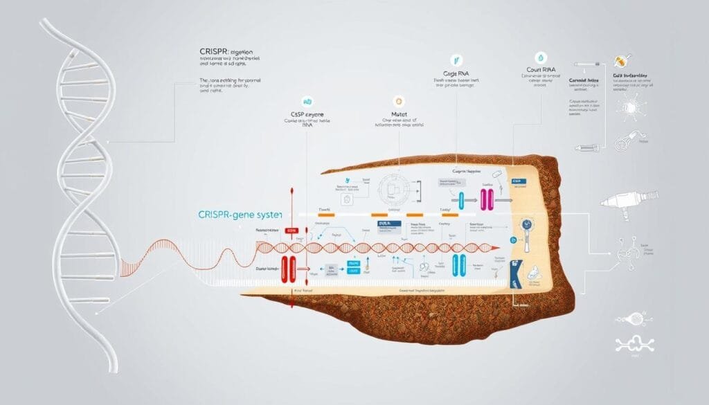 A detailed cutaway diagram of the key genetic editing mechanisms and tools, including CRISPR-Cas9 systems, visualized in a clean, technical style. The foreground showcases the DNA double helix, CRISPR guide RNA, and Cas9 enzyme, while the middle ground depicts the process of targeted gene editing. The background features schematics of related molecular structures and instruments. Rendered with precise, muted colors, high contrast, and a sense of clinical elegance to convey the scientific nature of the subject.