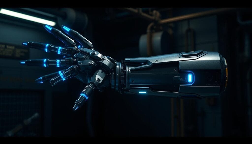 A detailed cyberpunk-inspired bionic prosthetic limb, rendered in a high-tech, futuristic style. The limb features intricate mechanical joints, advanced hydraulic actuators, and a sleek, polished metal exterior. Glowing blue energy conduits pulse with power, illuminating the device. The limb is set against a dimly lit, industrial background, with looming shadows and a sense of technological wonder. Moody, dramatic lighting casts sharp contrasts, emphasizing the limb's complex, alien-like design. The overall scene conveys a sense of scientific progress and the fusion of man and machine.