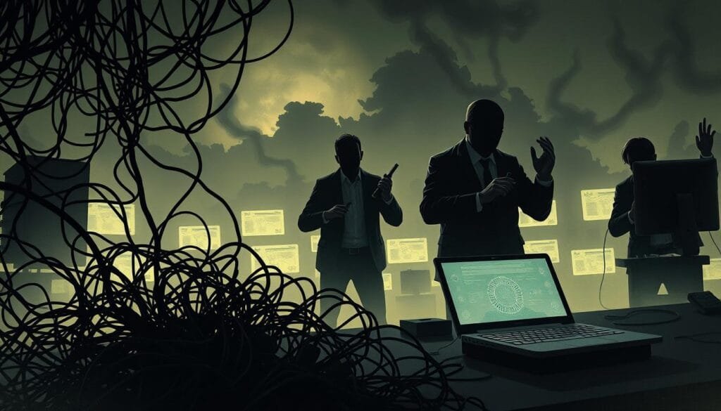 A detailed, dark and unsettling digital illustration depicting the mechanics of social media disinformation. In the foreground, a cluster of tangled wires and circuits represents the complex, interconnected systems that propagate misleading information. In the middle ground, shadowy figures with distorted, faceless silhouettes manipulate the flow of data, pulling levers and typing frantically on keyboards. The background is a hazy, dystopian landscape of glowing screens and ominous clouds, conveying the pervasive, all-encompassing nature of social media deception. Dramatic, high-contrast lighting casts harsh shadows, creating an atmosphere of unease and uncertainty. The overall tone is one of techno-dystopian dread, highlighting the sinister mechanisms that undermine truth and sow division in the digital age.