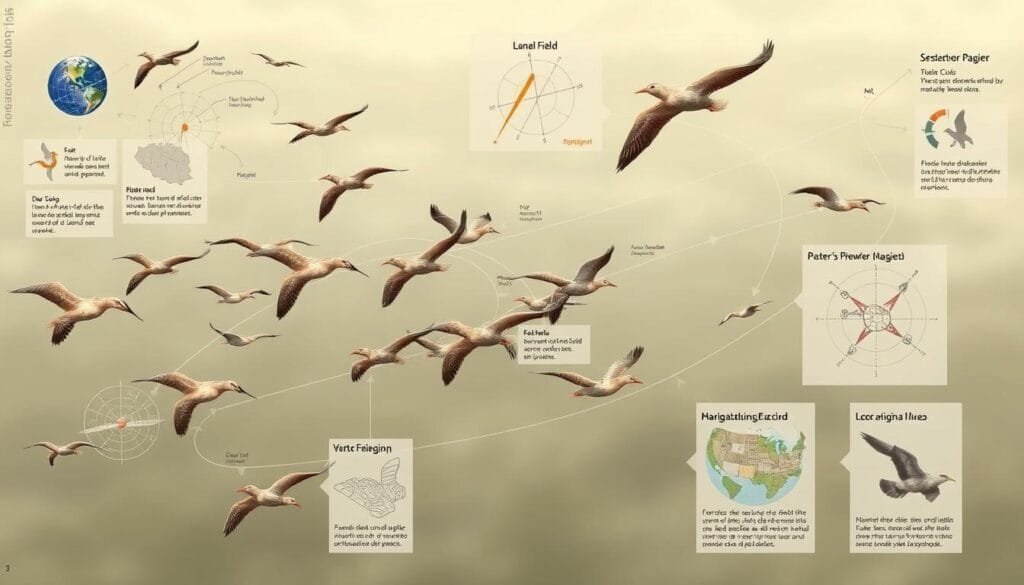 A detailed diagram depicting the intricate navigation mechanisms of migratory birds, showcasing their remarkable ability to traverse vast distances with precision. The scene features a flock of birds in flight, with overlaid illustrations and diagrams highlighting the key sensory cues and navigational strategies they employ, such as the Earth's magnetic field, celestial bodies, and environmental landmarks. The artwork is rendered in a technical, schematic style with muted, earthy tones, conveying the scientific nature of the subject matter. The composition balances the birds' graceful movements with the informative visual elements, creating a captivating and educational illustration for the article's "Misterio migración aves: claves y debates" section.