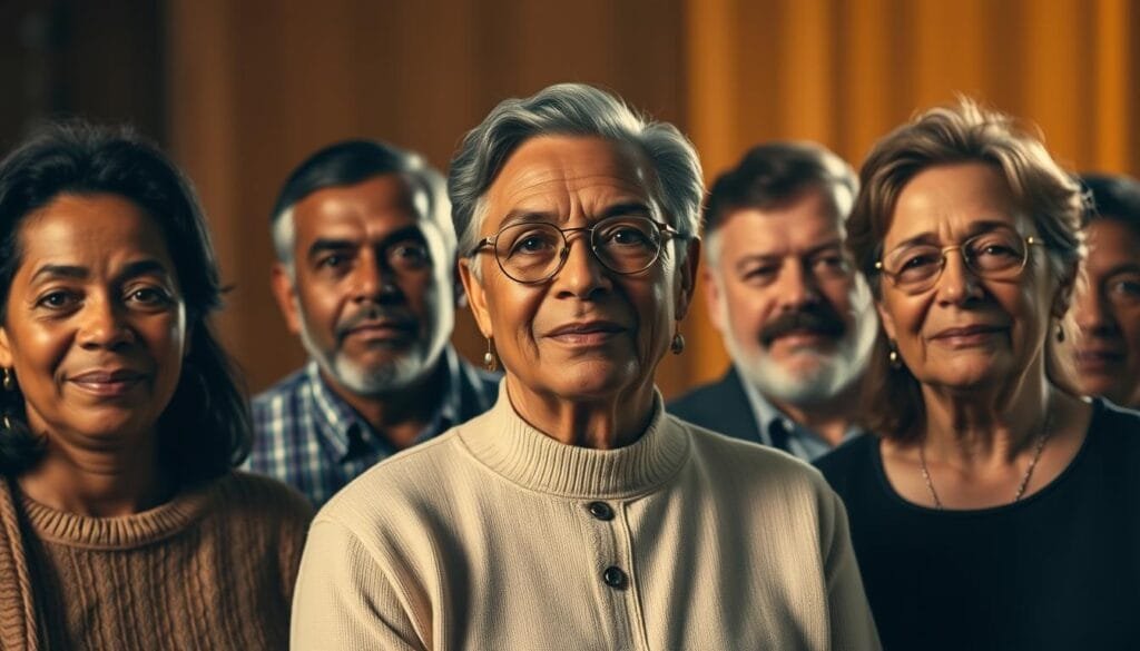 A detailed digital analysis depicting a group of influential social leaders standing together, illuminated by warm lighting and captured from a high angle. The leaders' faces are clearly visible, their expressions conveying a sense of authority and determination. The background is blurred, placing the focus squarely on the subject matter. The overall composition evokes a sense of respect and admiration for these impactful individuals who have shaped their communities through their leadership and vision.