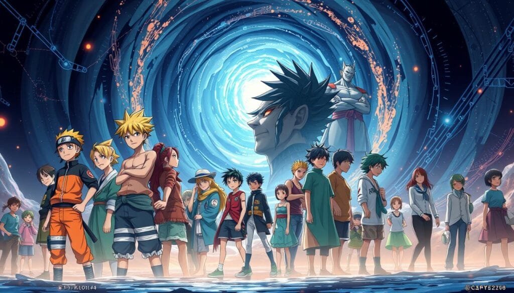 A detailed digital illustration depicting the evolutionary journey of shonen anime protagonists, as envisioned through the lens of artificial intelligence. In the foreground, iconic characters like Naruto and Luffy stand tall, their expressions and poses conveying the dynamic energy and heroic spirit of the shonen genre. The middle ground showcases a rich tapestry of supporting characters, each with their unique abilities and narrative arcs, reflecting the depth and complexity of these beloved stories. The background is a swirling, abstract landscape, with glowing digital elements and a sense of technological marvel, hinting at the influence of AI in shaping this artistic interpretation. The lighting is dramatic, casting dramatic shadows and highlights that accentuate the characters' features and the overall sense of movement and action. The overall mood is one of wonder, nostalgia, and a glimpse into the future of shonen storytelling as envisioned by artificial intelligence.