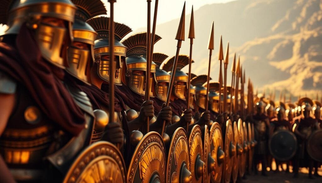 A detailed, dramatic scene of a disciplined Greek military formation, with soldiers in bronze armor and helmets, carrying spears and shields, standing in tight ranks. A low-angle view captures the imposing, cohesive nature of the phalanx. Warm, golden sunlight filters through the scene, casting dramatic shadows and highlighting the gleaming metal. The soldiers stand resolute, exuding a sense of power, training, and unwavering determination. The background is a hazy, mountainous landscape, emphasizing the rugged, harsh environment in which these seasoned warriors operate.