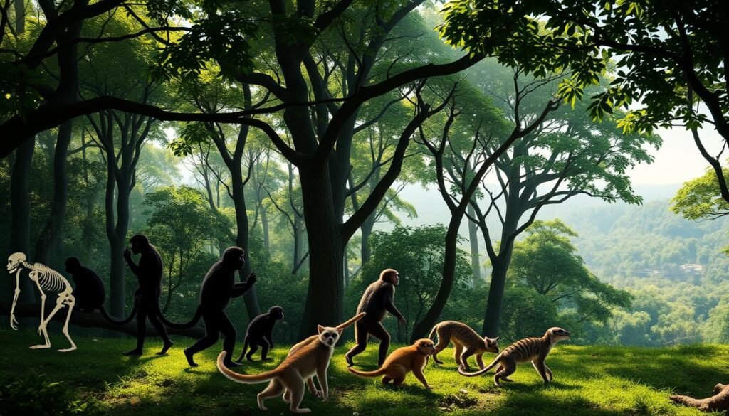 A detailed evolutionary progression of tails across various species, showcasing their diverse shapes, sizes, and functions. A wide-angle view of a lush, verdant forest setting, with sunlight filtering through the canopy, illuminating the central focal point. In the foreground, a series of skeletal structures and silhouettes illustrate the gradual transformation of tails, from simple stubs to long, prehensile appendages. The middle ground features a range of primates, each with a distinct tail type, from the short, stumpy tails of monkeys to the long, flexible tails of lemurs. In the background, a panoramic view of the forest ecosystem, with birds, reptiles, and other animals, each with their own unique tail adaptations. The overall atmosphere conveys a sense of natural wonder and the intricate beauty of evolutionary processes.