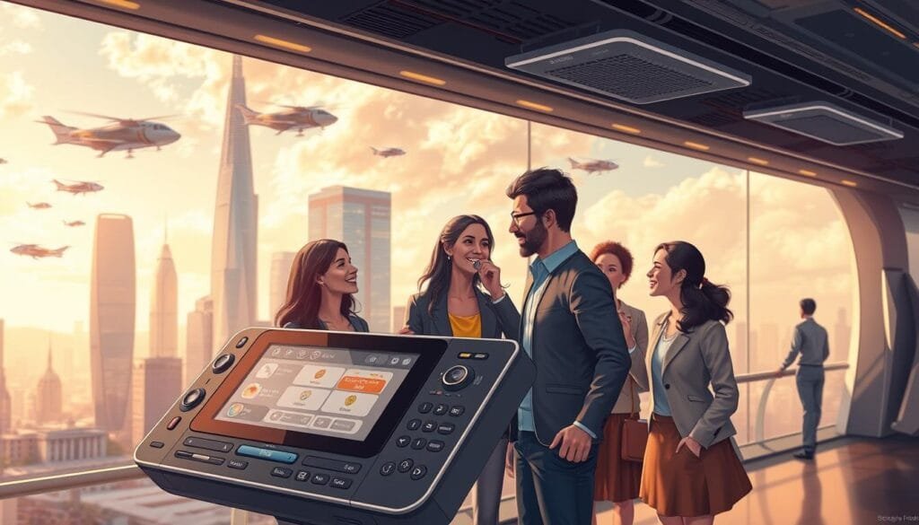 A detailed, futuristic illustration of real-time translation tools. The foreground features a sleek, high-tech translation device with a clear display, various control interfaces, and advanced sensor arrays. The middle ground shows a group of diverse people engaged in a lively conversation, their expressions animated as the translation tool seamlessly bridges the language barrier. The background depicts a vibrant, contemporary urban setting with skyscrapers, flying vehicles, and a sense of technological progress. Warm, natural lighting illuminates the scene, creating a harmonious and immersive atmosphere that conveys the power of instant, multilingual communication.