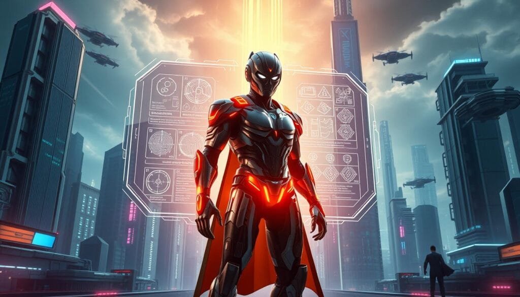 A detailed, high-quality digital illustration showcasing a practical guide for creating superheroes using advanced technology. In the foreground, a techno-organic hero figure stands tall, adorned with sleek, cyberpunk-inspired armor and glowing energy fields. The middle ground features a holographic interface displaying schematics, algorithms, and 3D model renderings. In the background, a futuristic cityscape with towering skyscrapers, hovercraft, and a vibrant, neon-tinged atmosphere creates an immersive, sci-fi environment. Lighting is dramatic, with strong chiaroscuro effects highlighting the technological details. The overall mood is one of innovation, empowerment, and the boundless potential of combining human creativity with cutting-edge technology.