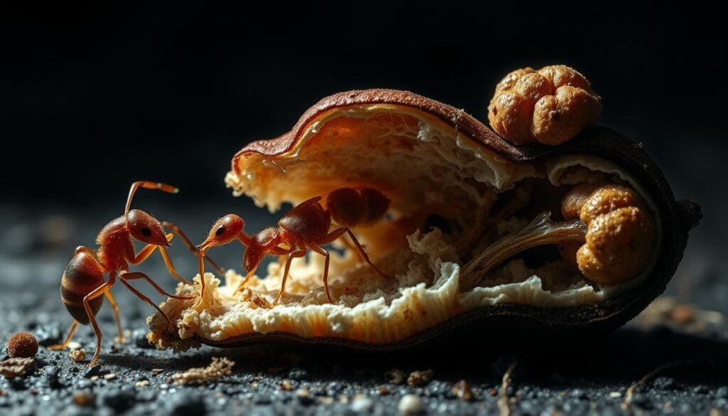 A detailed, high-resolution cross-section of the life cycle of a parasitic fungus. In the foreground, a close-up view of the fungal spores infecting the host organism, perhaps an ant or insect. The middle ground shows the gradual takeover of the host's body as the fungus grows and spreads. In the background, the final stage of the cycle, with the fruiting body of the fungus emerging from the deceased host. Dramatic, moody lighting casts deep shadows, enhancing the eerie, unsettling atmosphere. The composition should emphasize the intimate, invasive nature of the parasitic relationship between the fungus and its host.