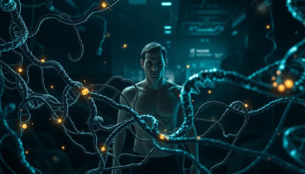 A detailed, high-resolution image depicting the risks of human genetic editing. The foreground shows a tangled web of DNA strands, with glowing, ominous-looking mutations emerging from them. The middle ground features a human figure, their body partially obscured by the DNA web, with a concerned expression on their face. The background is a dark, ominous landscape with hints of technology and scientific instrumentation, creating a sense of unease and uncertainty. The lighting is dramatic, with strong contrasts and shadows, emphasizing the gravity and potential dangers of genetic manipulation. The overall mood is one of apprehension and foreboding, reflecting the delicate and precarious nature of tampering with the fundamental building blocks of human life.