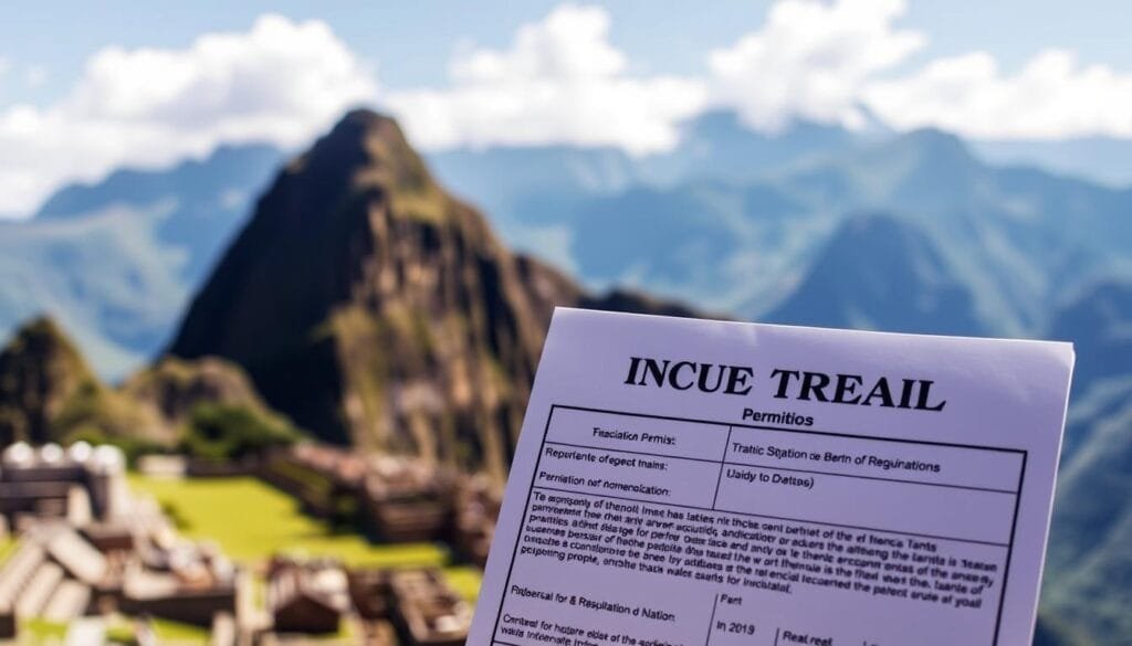 A detailed, high-resolution image of the Inca Trail permit and regulations, presented in a formal, authoritative style. The permit document takes up the foreground, with a blurred background showcasing the iconic Inca architecture and lush, mountainous landscape of the Andes. The lighting is crisp and natural, capturing the official, government-issued nature of the permit. The composition emphasizes the importance and bureaucratic process of obtaining the necessary permissions to hike the legendary Inca Trail. The overall tone is one of careful preparation and respect for the cultural and environmental significance of this iconic trek.