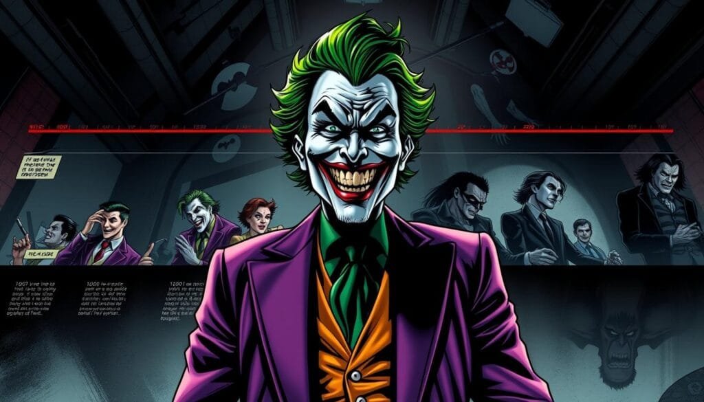 A detailed historical timeline of the Joker's evolution in comic book illustrations. The foreground depicts the Joker's classic look with a sinister grin, vibrant purple suit, and green hair. The middle ground showcases the character's gradual visual transformation over the decades, from his early cartoonish depictions to the more gritty, dark interpretations. The background features a dramatic, moody atmosphere with ominous shadows and a sense of chaos, reflecting the Joker's descent into madness. Lighting is dramatic, with high-contrast shadows and highlights to emphasize the character's unsettling presence. The camera angle is low, looking up at the Joker to convey a sense of power and dominance.