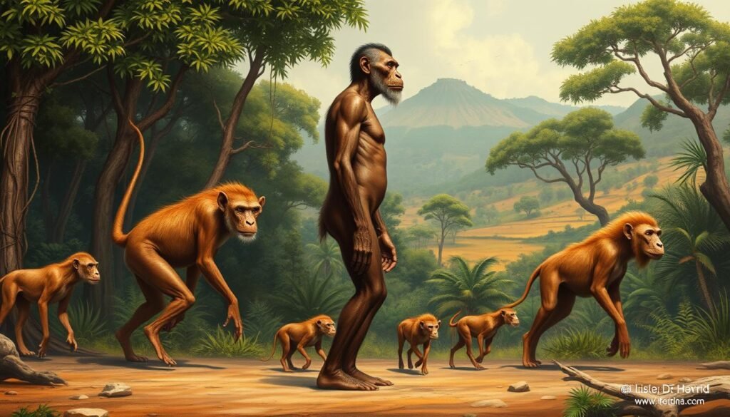A detailed illustration of the evolutionary transition from quadrupedalism to bipedalism in early hominids. A central figure in the foreground depicts an upright, bipedal humanoid with a receding brow and elongated limbs, standing amidst a lush, verdant forest backdrop. The midground features various extinct hominid species in various stages of the evolutionary process, some still retaining vestigial tails. The background showcases the gradual environmental changes, from dense foliage to more open, savanna-like landscapes, reflecting the selective pressures that drove the emergence of bipedalism. Warm, earthy tones, soft lighting, and a sense of scientific curiosity and wonder permeate the scene, capturing the intriguing implications of the loss of the tail and the advantages it conferred to our ancestors.