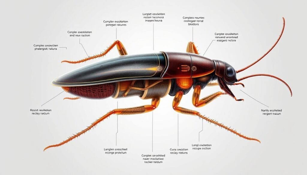 A detailed illustration of the intricate mechanisms that confer cockroaches' remarkable resilience. Showcase their hardy exoskeleton, complex neural systems, and regenerative capabilities in a meticulously rendered scientific diagram. Depict the various structural and physiological adaptations that enable cockroaches to survive environmental extremes, resist toxins, and recover from severe trauma. Capture the complexity and elegance of these evolutionary marvels through a striking, photorealistic composition highlighted by dramatic lighting and a clean, technical aesthetic.