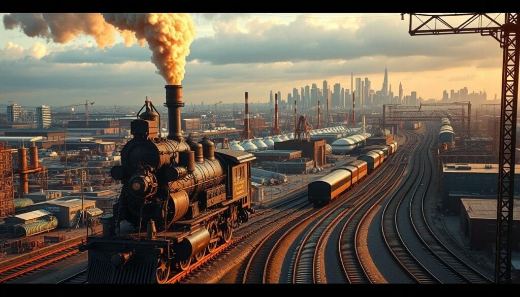 A detailed, industrial scene showcasing the evolution of railway technology. In the foreground, a towering steam locomotive with intricate metalwork and billowing smoke, conveying the power and innovation of the era. In the middle ground, a network of train tracks winding through a landscape of factories and warehouses, highlighting the integration of rail transport into the industrial landscape. In the background, a city skyline with a mix of modern and historic architecture, symbolizing the far-reaching impact of technological progress. The scene is bathed in warm, golden lighting, creating a sense of optimism and progress. Captured with a wide-angle lens to emphasize the scale and grandeur of the technological advancements.