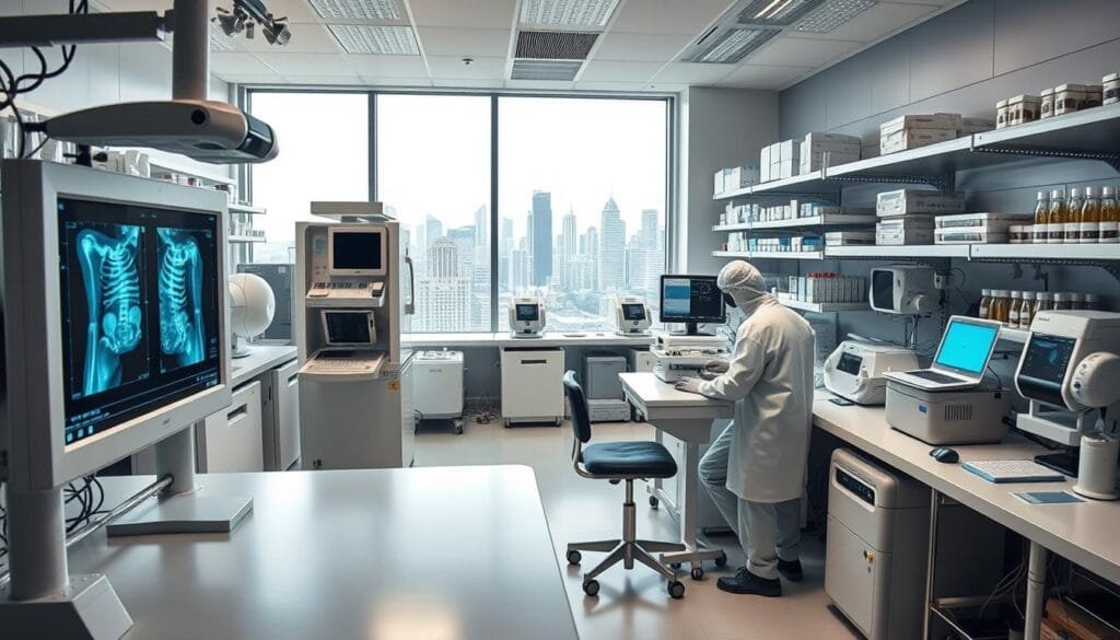 A detailed medical laboratory with modern medical equipment and radiological instruments. In the foreground, a digital display shows an x-ray scan or radiation analysis. In the middle ground, technicians in protective gear operate various medical devices. The background features shelves of medical samples, diagnostic machines, and a large window overlooking a city skyline. The lighting is bright and clinical, creating a sense of scientific precision. The overall atmosphere conveys the cutting-edge research and applications of radioactive materials in 21st-century medicine.