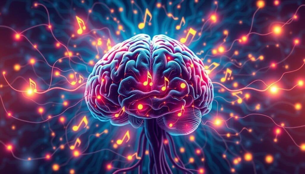 A detailed neural diagram showcasing the intricate "reward system" of the brain, with musical notes and waves pulsing through intricate pathways. Vibrant colors and a clean, clinical aesthetic highlight the neurobiological impact of music, creating a sense of fascination and wonder. The image features a central brain structure surrounded by intricate connections, glowing synapses, and a dynamic interplay of shapes and forms. Soft lighting casts an ethereal glow, emphasizing the delicate and complex nature of the brain's response to music. The overall composition conveys the profound emotional and neurological impact of music on the human experience.