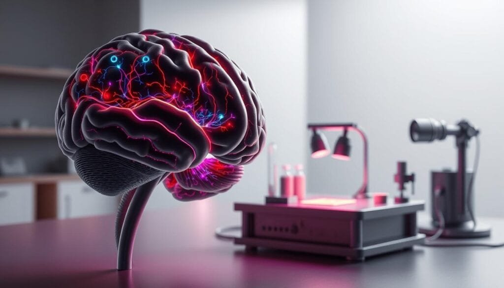 A detailed neuropsychological examination of the mechanisms of visual attention, with a meticulously rendered 3D scene showcasing the intricate interplay between the human brain, visual stimuli, and the cognitive processes that govern our perception. The foreground depicts a realistic brain model, its neural pathways illuminated in vivid colors, while the middle ground features a visual task or experiment setup, complete with scientific instruments and carefully arranged visual elements. The background subtly blends into a softly lit, minimalist laboratory environment, emphasizing the scientific and academic nature of the subject matter. The overall composition conveys a sense of depth, complexity, and the profound insights that neuropsychological research can offer into the fundamental workings of the human mind.