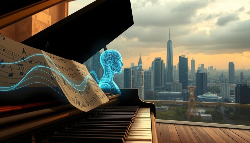 A detailed, photorealistic digital illustration depicting the conceptual intersection of ethics, copyright, and AI in the realm of music. The foreground features a grand piano with overlapping musical notes and waveforms, symbolizing the creative symbiosis between human and artificial composers. The middle ground showcases a holographic representation of an AI entity, its luminescent form evoking the intangible nature of algorithmic music generation. In the background, a cityscape with towering skyscrapers and a vibrant urban landscape sets the stage for the interplay of technology, art, and intellectual property. Warm lighting, a muted color palette, and a contemplative mood establish a thought-provoking atmosphere befitting the subject matter.