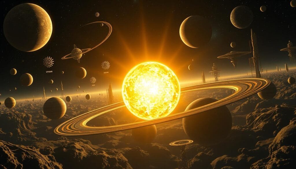 A detailed, photorealistic illustration showcasing various types of stellar structures. In the foreground, a Dyson sphere, a massive enclosure surrounding a star to harness its entire energy output. In the middle ground, other Dyson sphere variants like a Dyson swarm of smaller habitats, and a Dyson bubble of solar collectors. In the background, an array of different stellar architectures, including a Matrioshka brain, a nested series of computational layers, and a Dyson tree, a stellar habitat branching outwards. Dramatic celestial lighting illuminates the scene, with a soft focus and depth of field, creating a sense of scale and grandeur. Rendered in a scientific, technical style to convey the complex engineering and innovation required to construct these structures.