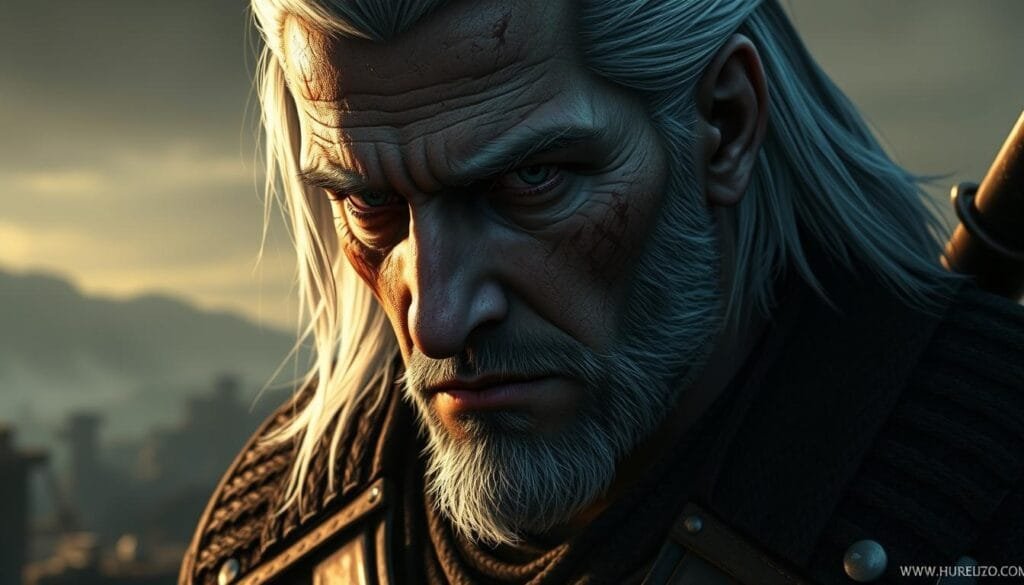 A detailed portrait of Geralt of Rivia, the witcher protagonist, as an AI-generated character. Dramatic lighting illuminates Geralt's weathered face, capturing his weary yet determined expression. His white hair, scarred complexion, and piercing gaze convey the hardships of his monster-hunting profession. Geralt's powerful physique is clad in his signature black leather armor, with just a glimpse of his silver sword hilt visible over his shoulder. The background fades into an atmospheric, fantasy landscape hinting at the wider world Geralt inhabits, rife with supernatural threats requiring his unique skills. An aura of mystery and foreboding permeates the scene, reflecting the complex, morally ambiguous nature of Geralt's role in this post-game/series speculative future.