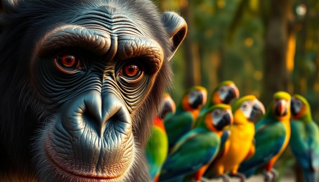 A detailed portrait showcasing the secrets of animal communication through human language imitation. In the foreground, a close-up view of a chimpanzee's face, its eyes locked with the viewer, conveying a pensive, almost human-like expression. The middle ground features a flock of colorful parrots, their beaks open as if mimicking human speech. In the background, a lush, verdant forest setting, bathed in warm, golden-hour lighting that casts a contemplative mood. The composition emphasizes the connection between the animal world and human language, hinting at the hidden depths of interspecies communication.