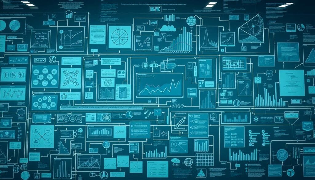 A detailed schematic visualization of historical analysis algorithms, showcasing intricate data processing pipelines, complex statistical models, and sophisticated machine learning techniques. The scene is bathed in a soft, cool-toned lighting, creating an atmosphere of intellectual rigor and academic inquiry. The foreground features a series of interconnected diagrams, graphs, and flowcharts, illustrating the step-by-step methodologies employed in the data-driven evaluation of historical trends and patterns. In the middle ground, various data visualization tools and analytical software interfaces are depicted, while the background subtly hints at a vast repository of archived documents, historical records, and scholarly resources. The overall composition conveys a sense of methodical, data-driven inquiry into the influential leaders of the past.