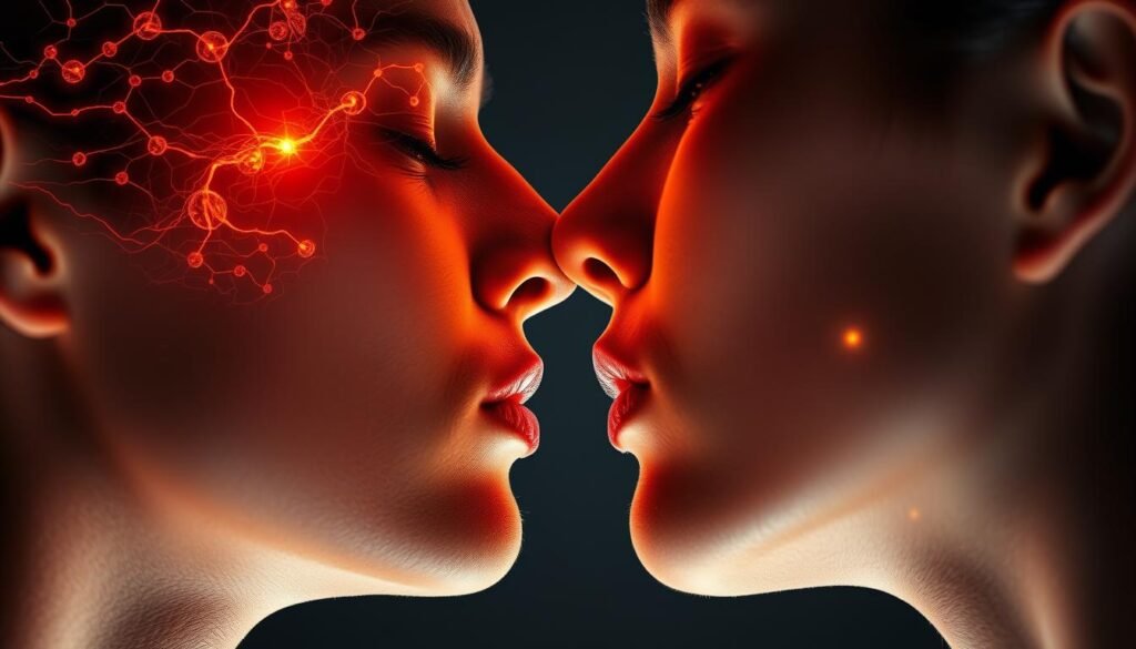 A detailed scientific study of the brain's activity during a passionate kiss. A close-up view of two people's faces, eyes gently closed, lips softly touching. Intricate neural pathways light up, revealing the complex neurochemical processes that underlie this primal human behavior. Warm, intimate lighting casts a romantic glow, while a sleek, minimalist background suggests a high-tech laboratory setting. The composition conveys a sense of wonder and discovery, as we peer into the inner workings of the brain during this universal human experience.