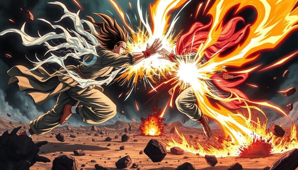 A detailed technical analysis of a dynamic shonen battle, featuring powerful protagonists clashing with intense energy. In the foreground, two skilled combatants exchange furious blows, their movements blurred by speed. Intricate patterns of chi/chakra/haki flow visibly around them, acting as an extension of their fighting styles. In the middle ground, the battlefield is ravaged by the shockwaves of their attacks, debris and energy bolts surging through the air. The background is shrouded in an ominous, dramatic lighting, casting deep shadows that heighten the sense of high-stakes drama. The overall mood is one of tense, pulse-pounding action, showcasing the strategic depth and raw power of shonen combat.