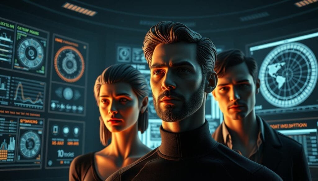 A detailed technical analysis of popular TV characters, meticulously rendered in a cinematic style. Realistic 3D character models in a dimly lit studio setting, with an array of futuristic display panels and holographic projections showcasing data visualizations, system diagnostics, and wire-frame schematics. The characters are captured in a contemplative pose, their faces reflecting a complex mixture of emotions as the AI system scrutinizes their moral transformations. Dramatic chiaroscuro lighting accentuates the sharp angles and planes of the characters' features, evoking a sense of intrigue and psychological depth. The overall atmosphere is one of clinical detachment tempered by an underlying current of human drama and moral ambiguity.