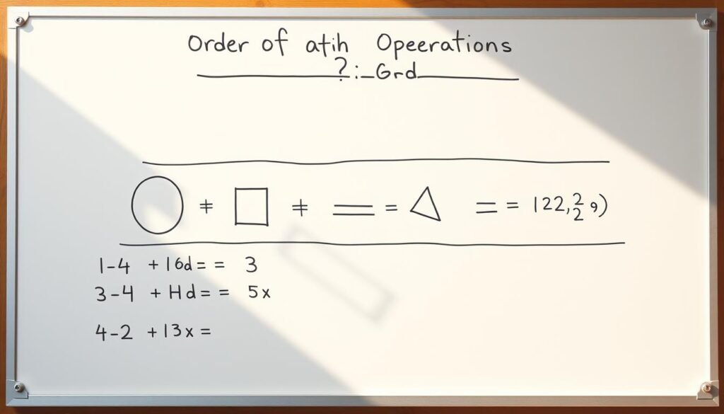 A detailed, technical illustration depicting the order of mathematical operations. A crisp, clean whiteboard or chalkboard fills the frame, with clear and concise notation showcasing the PEMDAS (Parentheses, Exponents, Multiplication, Division, Addition, Subtraction) sequence. Geometric shapes, such as circles, squares, and triangles, are strategically placed to exemplify each step. Warm, natural lighting casts subtle shadows, creating depth and emphasizing the precision of the mathematical expressions. The overall mood is one of educational clarity, highlighting the importance of following the correct order of operations to avoid costly errors.