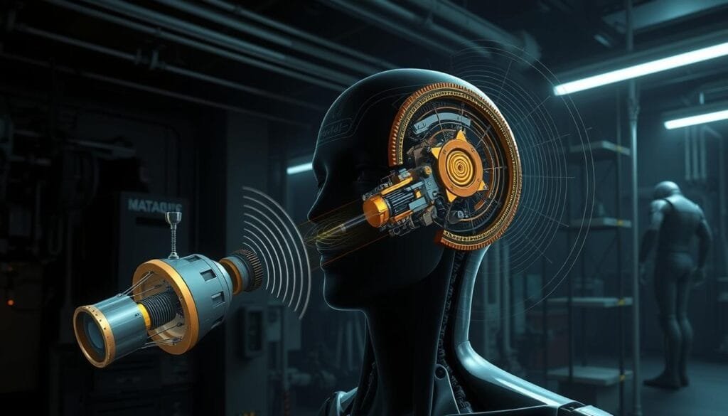 A detailed, technical illustration of a "mecanismo ecolocalización" (echolocation mechanism). In the foreground, a cutaway view showcases the internal components: a small transmitter emitting high-frequency sound waves, a sensitive receiver that detects the returning echoes, and a complex neural network that processes the information. In the middle ground, the mechanism is shown integrated into the head of a humanoid figure, with the sound waves emanating outward. The background features a dimly lit, industrial environment with various mechanical structures, conveying a sense of innovation and experimentation. The lighting is dramatic, with high contrast and shadows to accentuate the technical details. The overall mood is one of scientific curiosity and the exploration of enhanced human senses.
