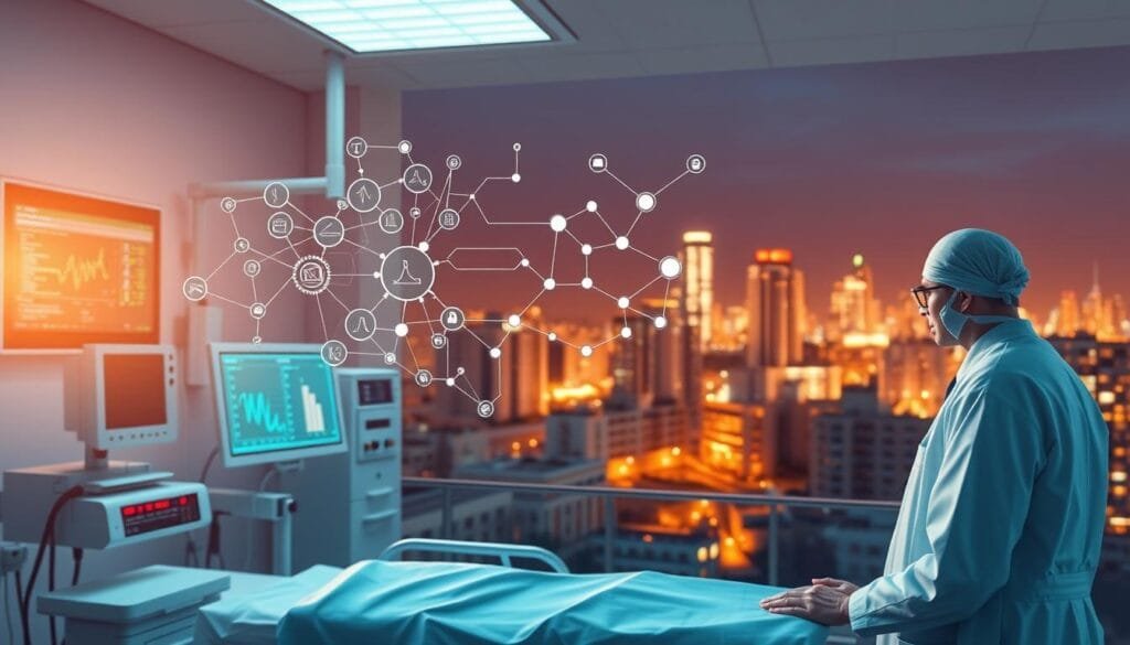 A detailed, technical illustration of predictive models in medicine. A hospital room in the foreground, with medical equipment and doctors examining a patient's vitals on a digital display. In the middle ground, a visualization of a complex algorithm, with interconnected nodes and data flows. In the background, a cityscape of modern medical facilities, bathed in warm, clinical lighting. The scene conveys the integration of advanced AI-driven analytics into the practice of healthcare, suggesting the potential impact of such technologies on medical decision-making processes.