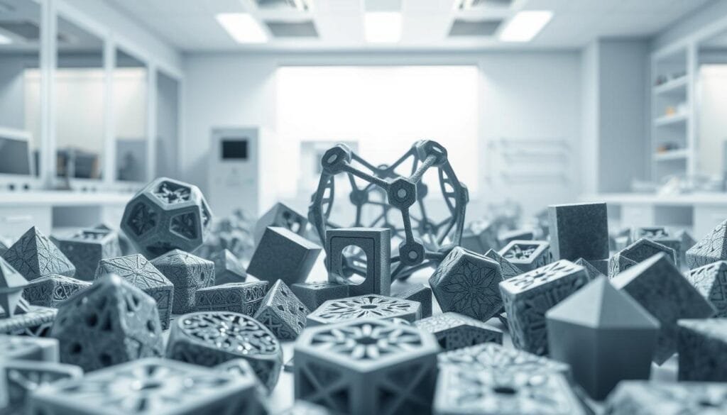 A detailed, three-dimensional rendering of programmable materials used in 4D printing. The foreground shows a collection of various geometric shapes, with intricate patterns and textures that suggest their ability to transform and self-assemble. The middle ground features a partially constructed object, showcasing the dynamic nature of the materials as they shift and interlock. In the background, a clean, minimalist laboratory setting with bright, diffused lighting illuminates the scene, creating a sense of scientific exploration and innovation. The overall mood is one of technological sophistication and the promise of a future where objects can adapt, evolve, and assemble themselves.