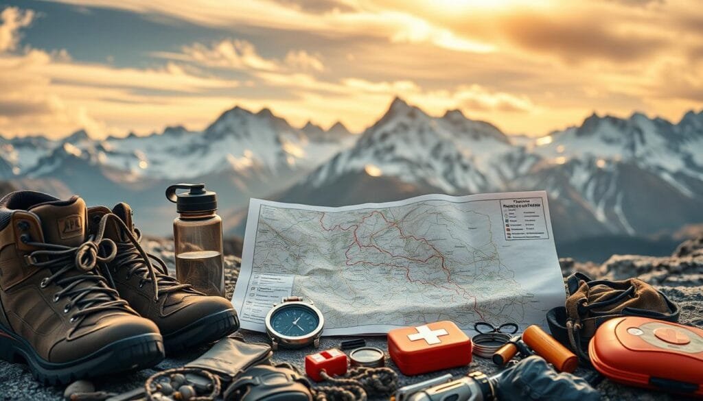 A detailed, well-organized scene depicting useful trekking resources. In the foreground, a collection of outdoor gear and equipment neatly arranged - sturdy hiking boots, a compass, a water bottle, and a first aid kit. In the middle ground, a topographical map of a mountainous terrain unfolds, highlighting hiking trails and points of interest. In the background, snow-capped peaks rise, bathed in warm, golden sunlight filtering through wispy clouds. The overall atmosphere conveys a sense of preparedness, adventure, and the beauty of the great outdoors, perfect for planning a successful trekking expedition.