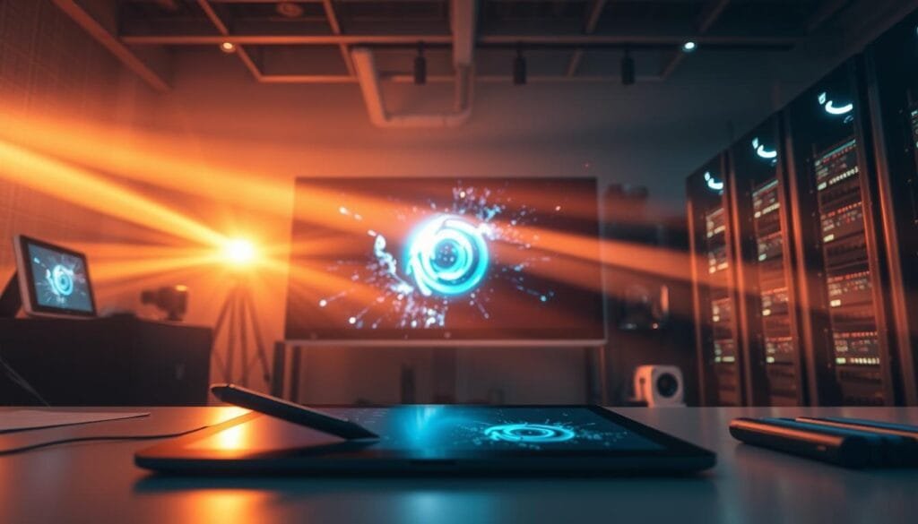 A digital artist's workspace, awash in a soft, warm glow. In the foreground, a tablet and stylus, poised to capture the imagination. The middle ground showcases a large, high-resolution display, the canvas for AI-powered image creation. In the background, a server rack hums with the computational might that fuels this artistic revolution. Beams of light dance across the scene, reflecting the merger of human creativity and artificial intelligence. The atmosphere is one of exploration, innovation, and the boundless potential of "Creación de imágenes con inteligencia artificial".