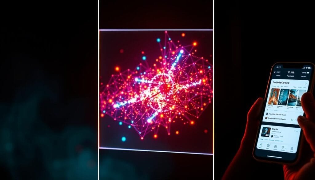 A digital content personalization concept depicted as a triptych of complementary visual elements. The central panel features a glowing, abstract data visualization pulsing with vivid hues, representative of the intelligent algorithms powering personalized content curation. Flanking this are two side panels: one a close-up of a smartphone screen displaying a personalized feed, the other a stylized, futuristic user interface offering intuitive controls for content customization. Warm, theatrical lighting angles cast dramatic shadows, heightening the sense of technological sophistication and human-AI symbiosis. The overall mood is one of anticipation and possibility, hinting at the evolution of social media towards more tailored, immersive digital experiences.
