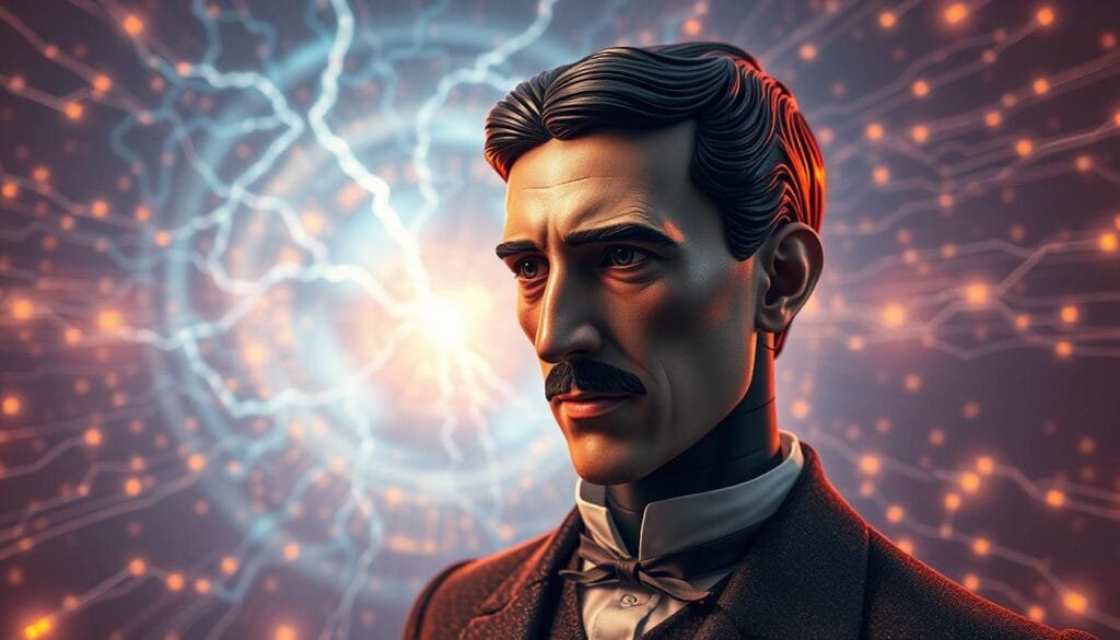 A digital experience with historical artificial intelligence. In the foreground, a lifelike android figure of Nikola Tesla, his piercing gaze and pensive expression conveying a sense of timeless genius. Surrounded by a swirling vortex of electrical energy and digital data streams, the android Tesla appears to be immersed in deep contemplation, his mind racing with the revolutionary ideas and technological innovations that defined his legacy. In the middle ground, a shimmering holographic display showcases Tesla's pioneering achievements, from lightning-powered wireless power transmission to futuristic visions of electric transportation. The background is a vast, ethereal landscape of interconnected neural networks and glowing circuitry, suggesting a new era of knowledge and discovery ushered in by the fusion of Tesla's visionary spirit and the power of artificial intelligence.