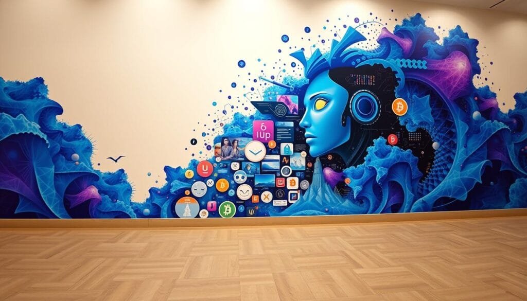 A digital mural depicting the intersection of AI, cryptocurrencies, and meme culture. In the foreground, a vibrant fractal pattern in shades of blue and purple cascades, representing the decentralized and evolving nature of blockchain technology. Emerging from the center, a stylized AI avatar with glowing eyes gazes contemplatively, observing the swirling data streams and symbols of digital currencies. In the middle ground, a collage of meme-inspired imagery comes to life, from whimsical cat faces to surreal digital landscapes. The background is a soft, ethereal gradient, conveying a sense of the boundless potential of these converging technologies. The lighting is dynamic, with highlights and shadows accentuating the depth and complexity of the scene. Captured with a wide-angle lens, the composition is balanced and visually striking, inviting the viewer to explore the interplay of AI, crypto, and the power of memes.
