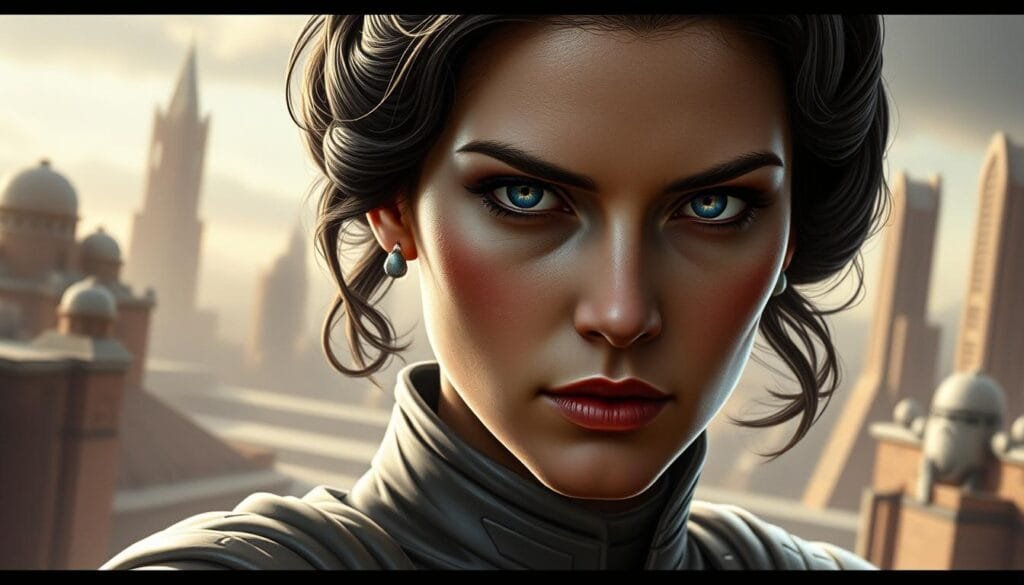 A digital reinterpretation of Leia Organa, the iconic Star Wars heroine. Showcasing her transformation from Princess to General, this striking portrait captures her resolute gaze and regal bearing. Rendered in a detailed cyberpunk style, the image blends organic and synthetic elements, reflecting Leia's multifaceted leadership. Dramatic lighting casts bold shadows, highlighting the determination in her eyes and the strength of her character. The background features a futuristic cityscape, hinting at the expansive galaxy she navigates. This reimagined Leia stands as a powerful symbol of resilience, leadership, and the enduring spirit of the Rebellion.