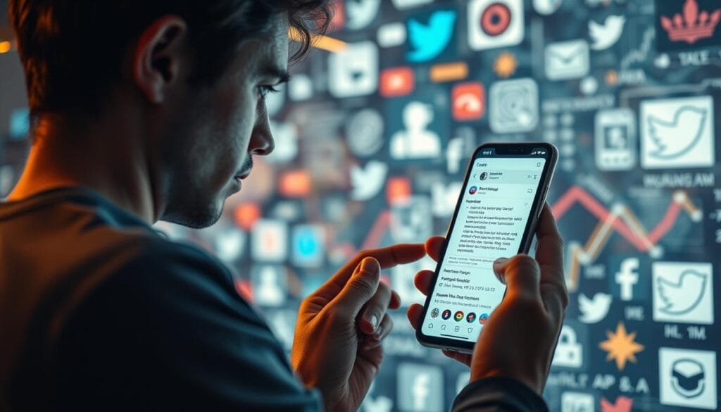 A digital verification process on a social media platform. In the foreground, a person scrutinizing a smartphone screen, carefully examining the authenticity of online content. The middle ground depicts various social media icons and logos, symbolizing the pervasive nature of digital information. The background features a backdrop of abstract data visualizations, suggesting the complexity of discerning truth from falsehood in the digital landscape. The scene is illuminated by a warm, ambient lighting, creating a pensive and contemplative atmosphere. Captured with a wide-angle lens, the image conveys the importance of critical thinking and information verification in the age of social media.