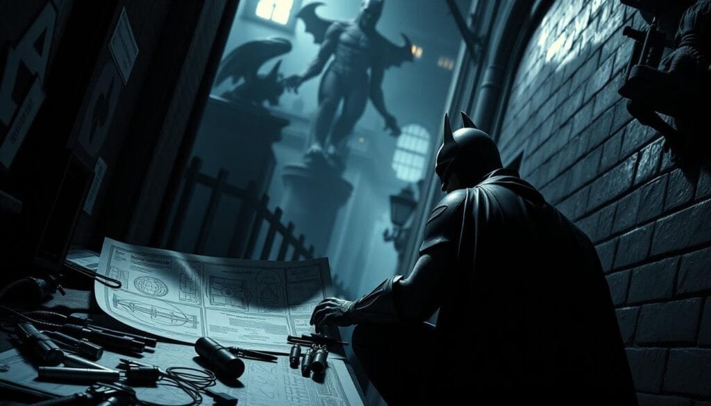 A dimly lit Gotham City alleyway, with Batman crouched in the shadows, his cape draped dramatically around him. In the foreground, he studies a series of tactical diagrams and blueprints, meticulously planning his next move against the city's criminal underworld. The middle ground reveals various gadgets and tools of his trade - grappling hooks, batarangs, smoke grenades - neatly organized and at the ready. In the background, the haunting silhouettes of gargoyles and gothic architecture loom, creating an atmosphere of brooding intensity. Dramatic chiaroscuro lighting casts sharp contrasts, emphasizing the detective-like focus and calculated precision of Batman's combat tactics.