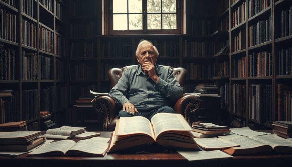 A dimly lit academic study, with bookshelves lining the walls and a worn leather armchair in the center. A professor sits deep in thought, surrounded by scattered papers and open books exploring the "theories of yawning" - from evolutionary and neurological perspectives to cultural and behavioral explanations. Soft, warm lighting casts shadows, creating an atmosphere of contemplation and intellectual curiosity. The scene evokes a sense of scientific inquiry, as the viewer is invited to ponder the mysteries behind this universal human phenomenon.