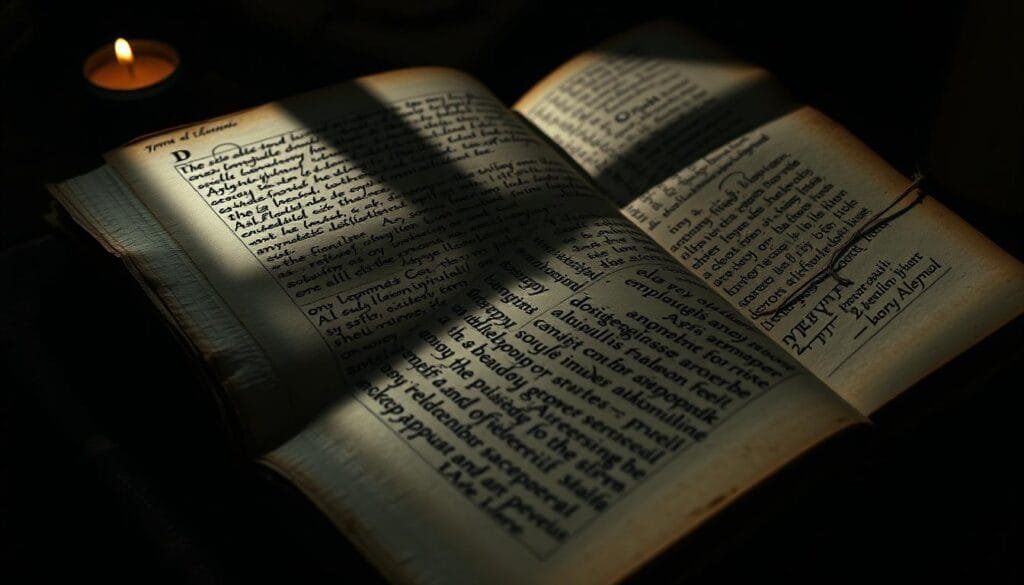 A dimly lit, ancient tome lies open, its pages filled with an indecipherable script. The text appears to be a mixture of angular symbols, swirling curves, and mysterious hieroglyphics that seem to shift and dance across the weathered parchment. Shadows cast by the flickering candlelight create an eerie, otherworldly atmosphere, adding to the sense of mystique and the unsolved riddle of this enigmatic manuscript. The camera angle is slightly tilted, giving the viewer a sense of the manuscript's unnatural, arcane nature. The overall mood is one of intrigue, fascination, and the tantalizing lure of an unsolvable linguistic puzzle.