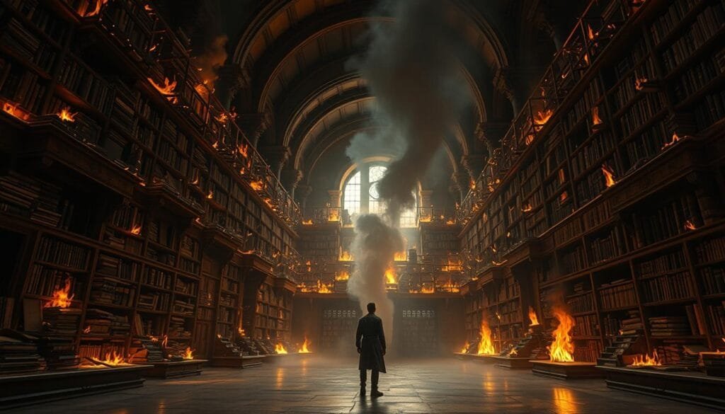 A dimly lit, cavernous library interior, the air thick with the scent of smoldering parchment. Towering shelves of ancient tomes ablaze, flames licking at their leather bindings. Columns of smoke rise towards vaulted ceilings, casting ominous shadows across the crumbling marble floors. In the foreground, a lone figure stands transfixed, helplessly watching as the collective knowledge of generations is consumed by the hungry inferno. The scene is bathed in an eerie, amber glow, evoking a sense of irreparable loss and the gradual unraveling of history.