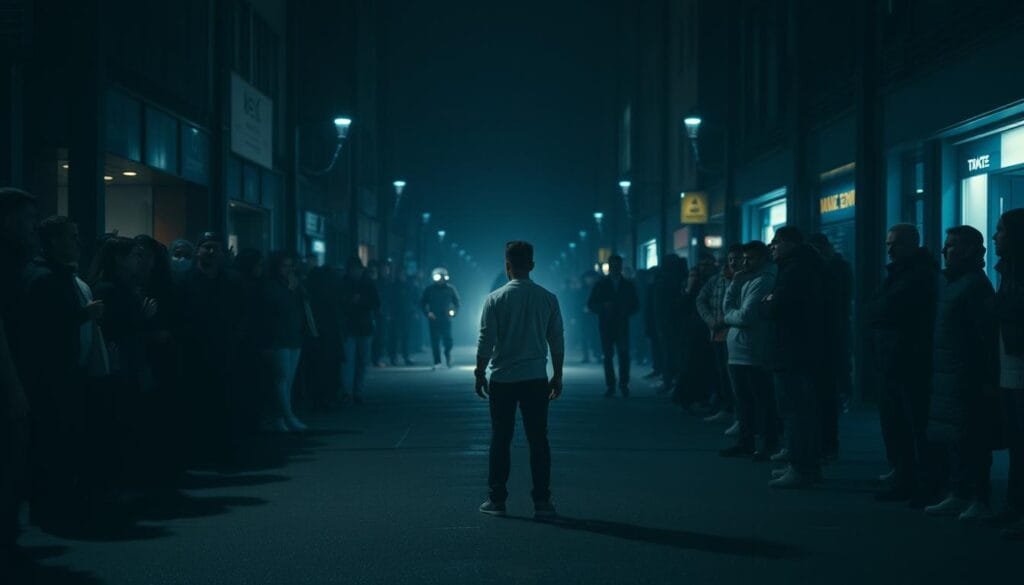 A dimly lit city street, a lone figure standing amidst a crowd of bystanders, hesitant and indecisive. The scene evokes a sense of unease and social detachment, capturing the essence of the bystander effect. Muted tones of gray and blue create a somber atmosphere, as the subject's body language conveys a sense of isolation and inaction. Soft, moody lighting casts long shadows, emphasizing the contrast between the individual and the indifferent crowd. The composition draws the viewer's attention to the central figure, inviting contemplation on the power of collective inaction and the importance of intervention.