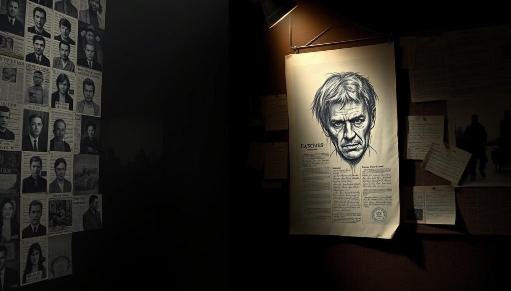 A dimly lit crime scene, with a collage of mug shots and historical crime scene photos suspended in the hazy atmosphere. In the foreground, a meticulously detailed sketch of a suspect's face, lit by a single beam of light, casting ominous shadows. The middle ground features a collection of old newspaper clippings, forensic evidence, and hand-written notes pinned to a corkboard, suggesting an in-depth investigation. In the background, a shadowy silhouette of a city skyline, alluding to the urban setting of these notorious historical crimes. The overall mood is one of intrigue, mystery, and the weight of unsolved cases, inviting the viewer to ponder the true identities behind these infamous acts.